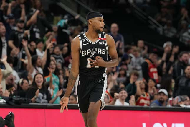 Mar 19, 2023; San Antonio, Texas, USA; San Antonio Spurs guard Blake Wesley (14) celebrates in the second half against the Atlanta Hawks at the AT&amp;amp;T Center.