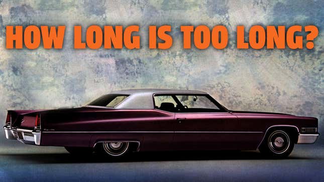 A photo of a long Cadillac sedan with the caption "How long is too long?" 