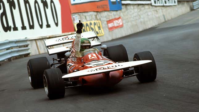 A photo of a 1971 March Formula 1 car racing in Monaco. 