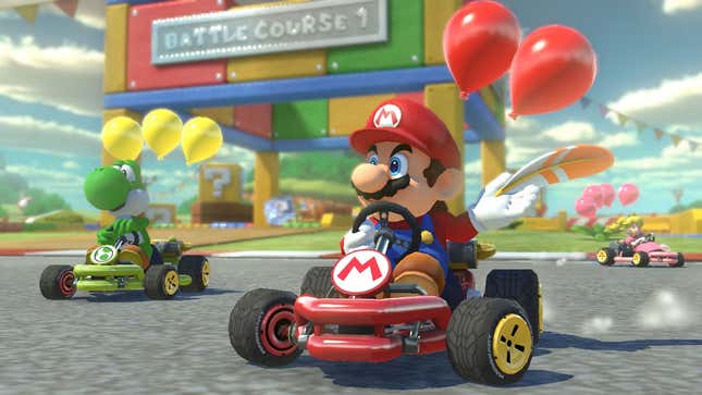 Mario races against Yoshi in Mario Kart 8's battle mode while holding a feather.