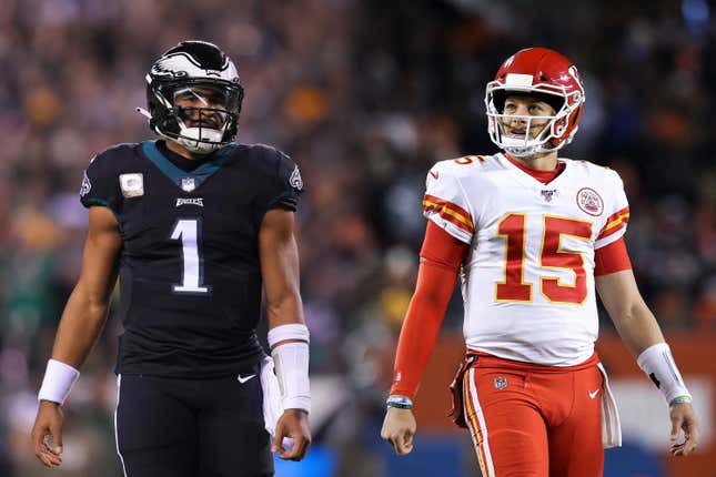 mage a comparison has been made between quarterback Jalen Hurts #1 of the Philadelphia Eagles (L) and quarterback Patrick Mahomes #15 of the Kansas City Chiefs (R). They will meet in Super Bowl LVII on February 12,2023 at State Farm Stadium in Glendale, Arizona. ***LEFT IMAGE PHILADELPHIA, PA - NOVEMBER 27: Jalen Hurts #1 of the Philadelphia Eagles looks on against the Green Bay Packers at Lincoln Financial Field on November 27, 2022 in Philadelphia, Pennsylvania. (Photo by Mitchell Leff/Getty Images) ***RIGHT IMAGE CHICAGO, ILLINOIS - DECEMBER 22: Patrick Mahomes #15 of the Kansas City Chiefs walks across the field in the third quarter against the Chicago Bears at Soldier Field on December 22, 2019 in Chicago, Illinois. (Photo by Dylan Buell/Getty Images)