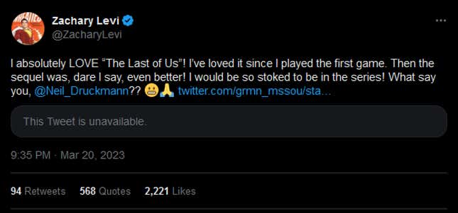 Una captura de pantalla muestra el tuit de Levi pidiendo estar en The Last of Us. 