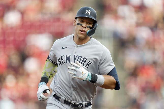 May 19, 2023; Cincinnati, Ohio, USA; New York Yankees right fielder Aaron Judge (99) runs the bases after hitting a solo home run in the first inning against the Cincinnati Reds at Great American Ball Park.