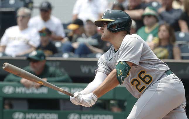 Jun 7, 2023; Pittsburgh, Pennsylvania, USA; Oakland Athletics third baseman Jonah Bride (26) hits an RBI single against the Pittsburgh Pirates during the first inning at PNC Park.