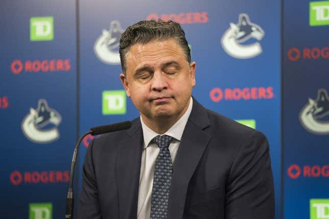 Nov 17, 2021; Vancouver, British Columbia, CAN; Vancouver Canucks head coach Travis Green addresses the media in the post game press conference after the Canucks suffered their fifth straight loss after a game against the Colorado Avalanche at Rogers Arena. Colorado won 4-2.