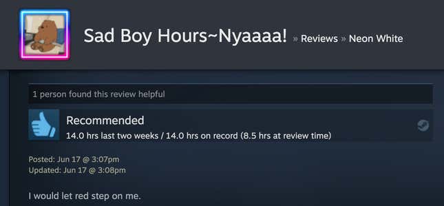 Image for article titled Neon White’s Steam Reviews Are Horny As Hell