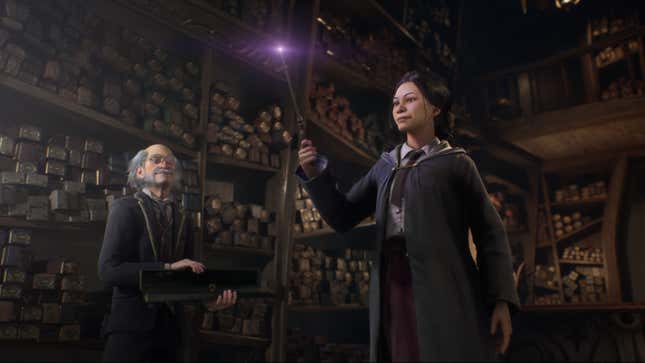 An aspiring wizard holds her first wand before heading off the Hogwarts. 