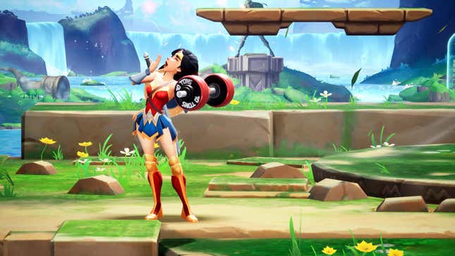 Wonder Woman effortless curls a 10-ton dumbbell in MultiVersus.