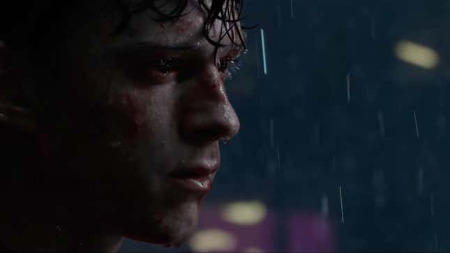 A stunned Peter Parker stands forlornly in the pouring rain.