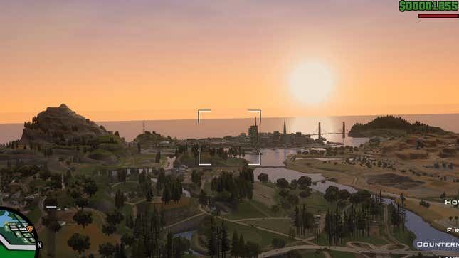 A wide shot of the whole map from GTA San Andreas with no fog. 