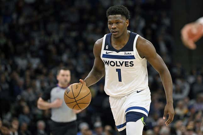 Feb 16, 2023; Minneapolis, Minnesota, USA;  Minnesota Timberwolves guard Anthony Edwards (1) brings the ball up-court against the Washington Wizards during the second quarter at Target Center.