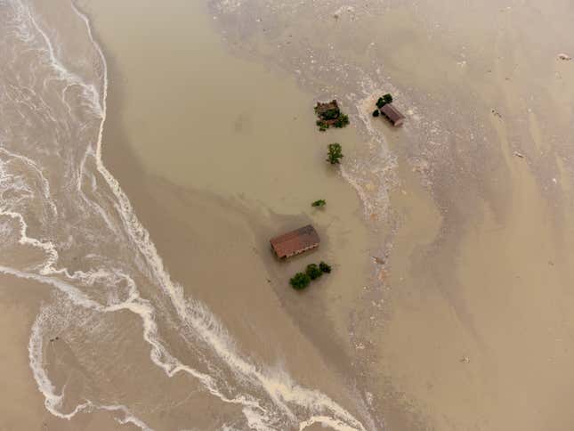 An aerial photograph of submerged building