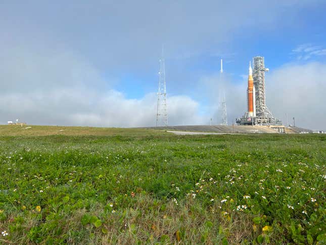 SLS at the launch pad on the morning of March 18, 2022.