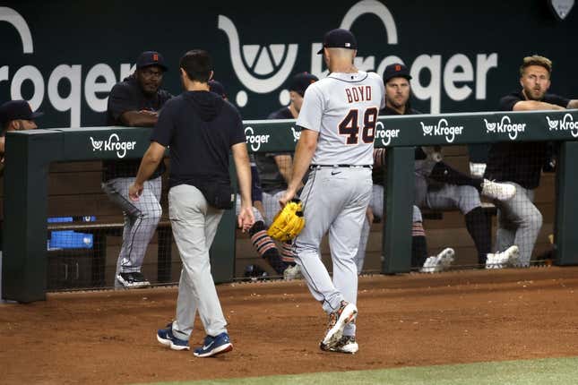 Jun 26, 2023; Arlington, Texas, USA; Detroit Tigers starting pitcher Matthew Boyd (48) leaves the field with an injury in the first inning against the Texas Rangers at Globe Life Field.