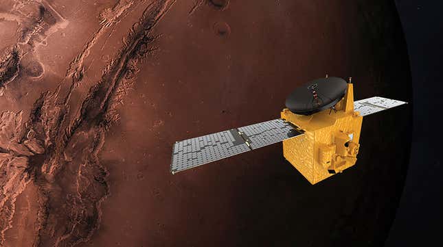 Concepción artística de la sonda Hope orbitando alrededor de Marte. 