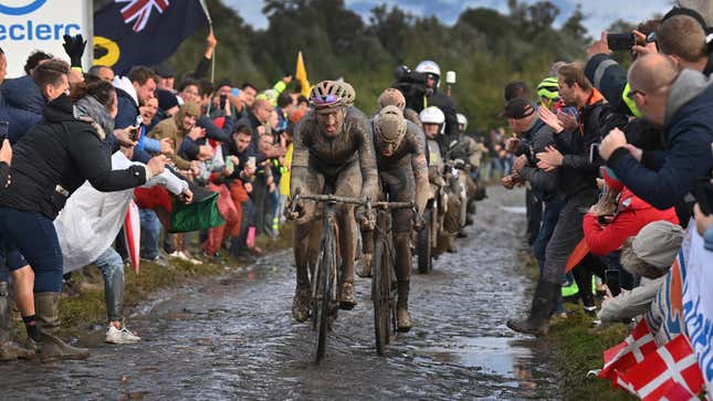 A rainy Paris-Roubaix means getting covered in mud via tire spray or falls