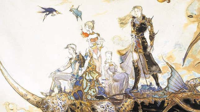 Final Fantasy VI's heroes look out from their airship at a reseller's hell. 