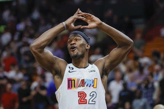 Mar 8, 2023; Miami, Florida, USA; Miami Heat forward Jimmy Butler (22) reacts to a play during the fourth quarter against the Cleveland Cavaliers at Miami-Dade Arena.