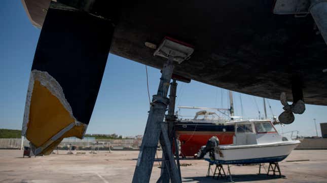 A photograph taken on May 31, 2023 showing the rudder of a ship damaged by a killer whale (Orcinus orca) while sailing in the Strait of Gibraltar and being repaired at the Shipyard Pecci in Barbate, near Cadiz, southern Spain. 