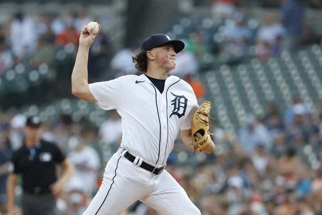 Aug 4, 2023; Detroit, Michigan, USA;  Detroit Tigers starting pitcher Reese Olson (45) pitches in the first inning against the Tampa Bay Rays at Comerica Park.