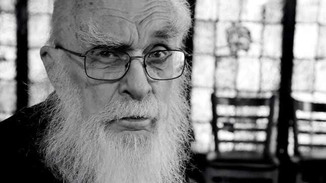 The Amazing Randi in 2015, a black and white portrait.