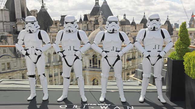 Stormtroopers pose at a photocall for Disney's "Obi-Wan Kenobi" at the Corinthia Hotel London on May 12, 2022 in London, England.