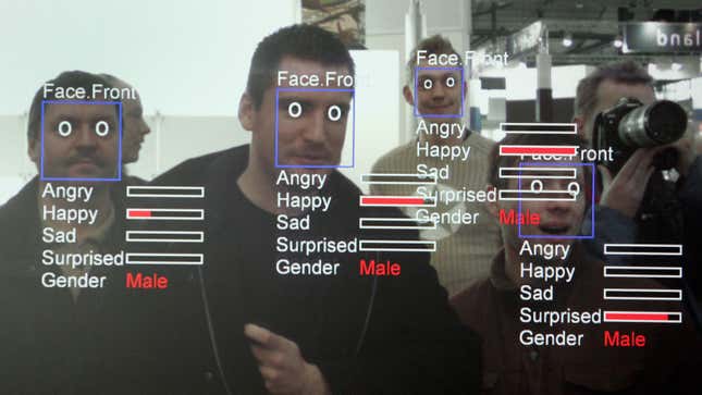 A photo of a computer screen running “Real Time Face Detector” software shows visitors’ expressions analyzed and explained in real-time at the stand of the Fraunhofer Institute at the CeBIT trade fair in Hanover on March 6, 2008. The Real Time Face Detector is a software module that can be used for fast face detection in video streams and single pictures.