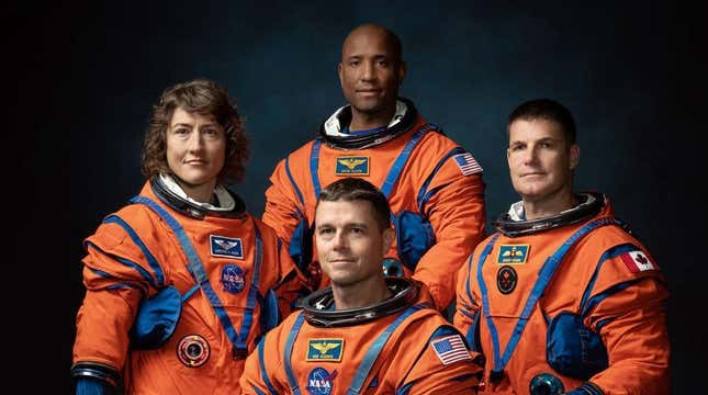 The crew of NASA’s Artemis II mission (left to right): NASA astronauts Christina Hammock Koch, Reid Wiseman (seated), Victor Glover, and Canadian Space Agency astronaut Jeremy Hansen.