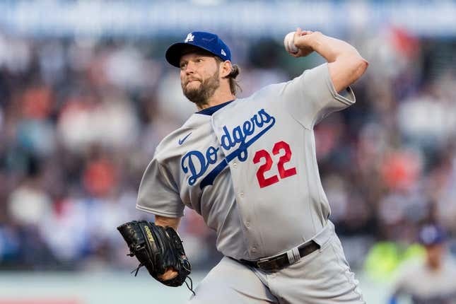 Apr 12, 2023; San Francisco, California, USA;  Los Angeles Dodgers starting pitcher Clayton Kershaw (22) throws against the San Francisco Giants during the first inning at Oracle Park.