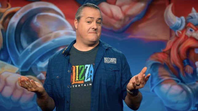 Blizzard President J. Allen Brack shrugging on stage at BlizzConline 2021. 
