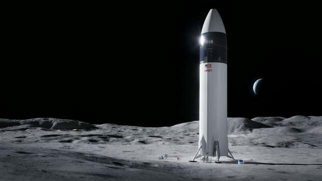 Una ilustración mostrando la nave Starship de SpaceX sobre la superficie lunar.