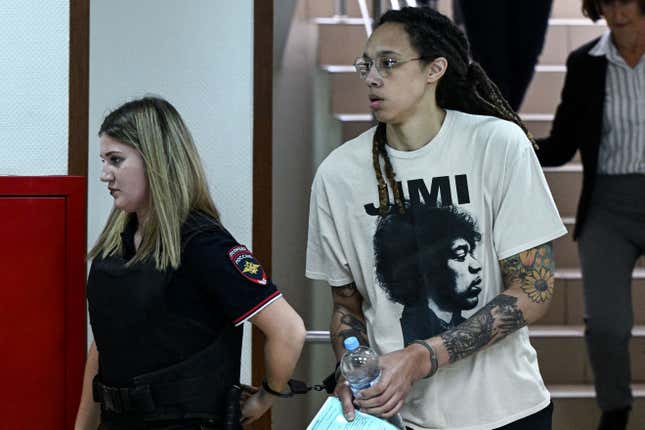 Brittney Griner arrives to a hearing at the Khimki Court, outside Moscow on July 1, 2022. - (Photo by Kirill KUDRYAVTSEV / AFP) (Photo by KIRILL KUDRYAVTSEV/AFP via Getty Images)
