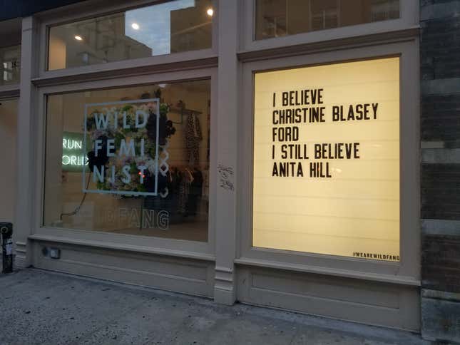 The store window at Wildfang in New York weighs in on Christine Blasey Ford and the Kavanaugh Supreme Court hearings.