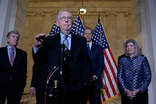 JANUARY 19: Senate Minority Leader Mitch McConnell (R-KY) gestures during a press conference following the weekly Senate Republican policy luncheon in the Russell Senate Office Building on Capitol Hill on January 19, 2022, in Washington, DC.