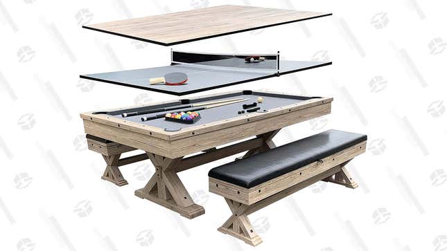 A multigame table displaying its use as a ping pong table, pool table, and dining table.