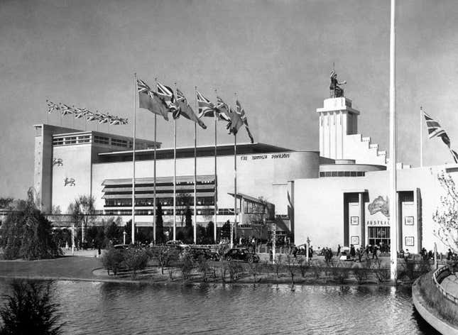 Flags of the British Empire fly over the British Pavilion, the target of the bomb, at the New York World Fair.