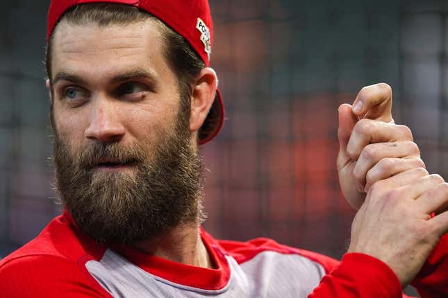 Nov 5, 2022; Houston, Texas, USA; Philadelphia Phillies designated hitter Bryce Harper (3) looks on during batting practice before game six of the 2022 World Series against the Houston Astros at Minute Maid Park.
