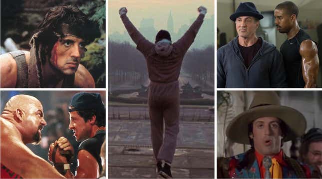 Im Uhrzeigersinn von oben links: First Blood (Orion), Rocky (MGM), Creed (Warner Bros.), Rhinestone (20. Jahrhundert), Over The Top (Warner Bros.)