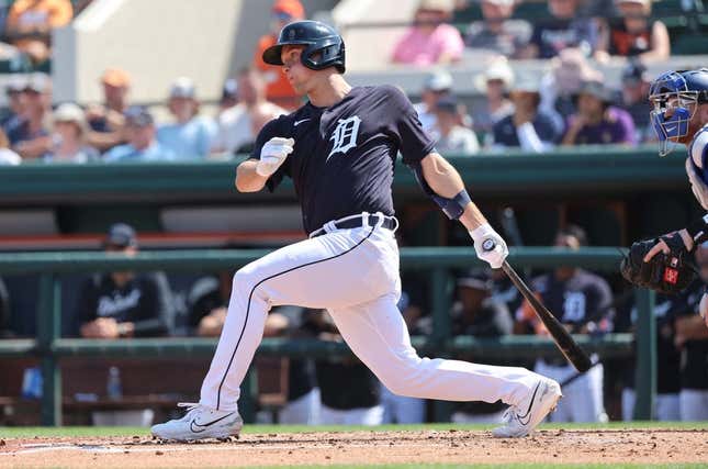 Mar 4, 2023; Lakeland, Florida, USA;  Detroit Tigers infielder Andre Lipcius (27) hits a RBI single during the second inning against the Toronto Blue Jays at Publix Field at Joker Marchant Stadium.
