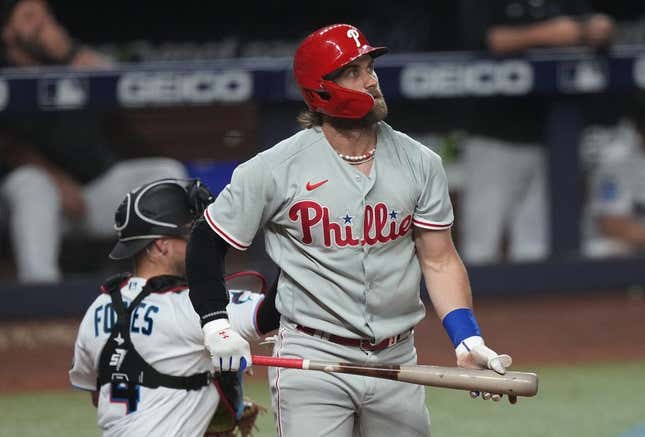 Jul 31, 2023; Miami, Florida, USA; Philadelphia Phillies designated hitter Bryce Harper (3) strikes out against the Miami Marlins in the fifth inning at loanDepot Park.