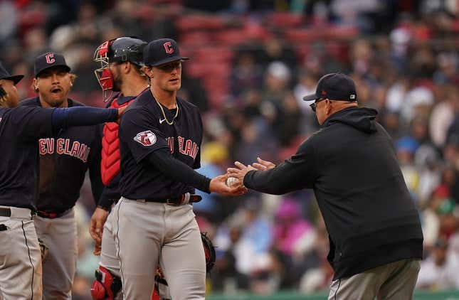 Apr 29, 2023; Boston, Massachusetts, USA; Cleveland Guardians starting pitcher Zach Plesac (34) is taken out of the game by manager Terry Francona (77) as they take on the Boston Red Sox in the fourth inning at Fenway Park.