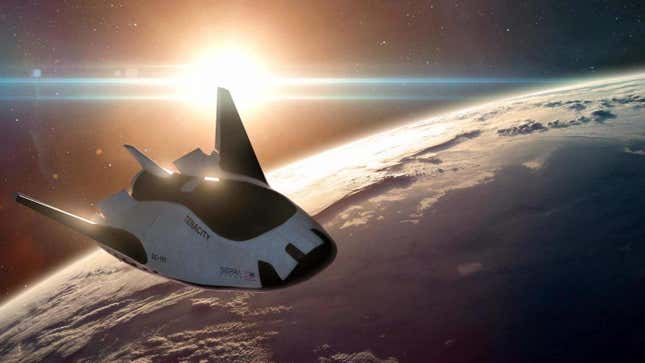 An illustration of the Dream Chaser spaceplane in flight. 