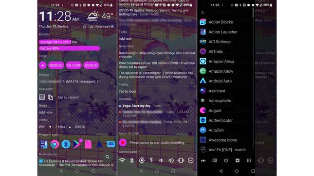 Three screenshots of the AIO Launcher app 