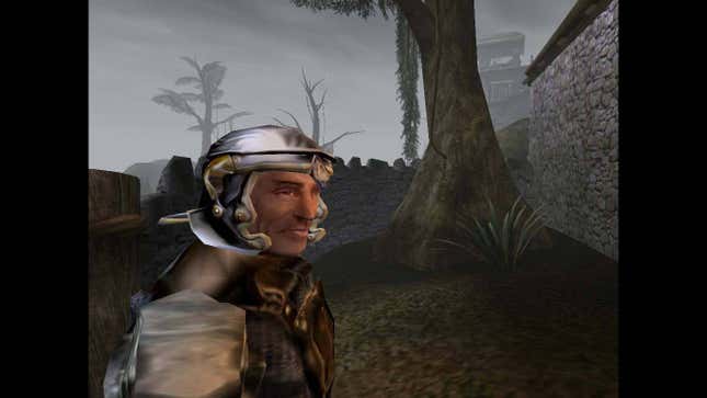 A soldier stands next to a tree in Elder Scrolls 3: Morrowind.