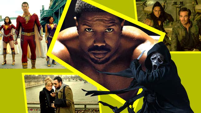 March 2023 films to see: Creed III (Screenshot: YouTube/MGM); Scream VI (Photo: Paramount Pictures); Murder Mystery 2 (Photo: Scott Yamano/Netflix); SHAZAM! FURY OF THE GODS (Photo: Warner Bros. Pictures) Dungeons & Dragons: Honor Among Thieves (Photo: Paramount Pictures)