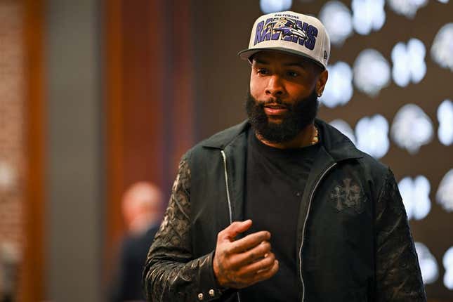 Apr 13, 2023; Owings Mills, MD, USA; Baltimore Ravens wide receiver Odell Beckham Jr. walks into his introduction press conference at Under Armour Performance Center.