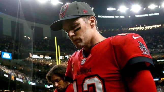 Tom Brady of the Tampa Bay Buccaneers walks off the field after being defeated by the New Orleans Saints on October 31, 2021.