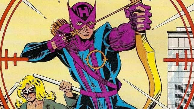 Hawkeye as seen in the original Marvel Comics, wearing his classic purple and blue suit.