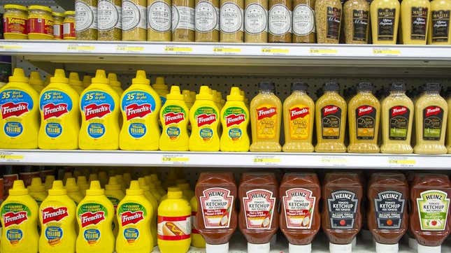 Grocery store shelf of condiments