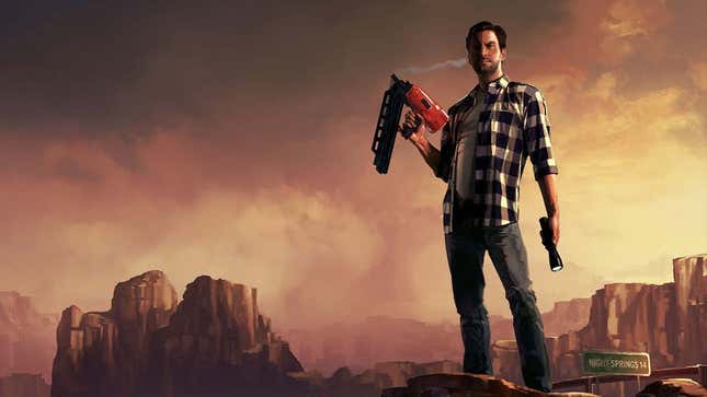 A man wearing a plaid shirt and carrying a red nailgun is seen standing on rocks in a large, open valley. 